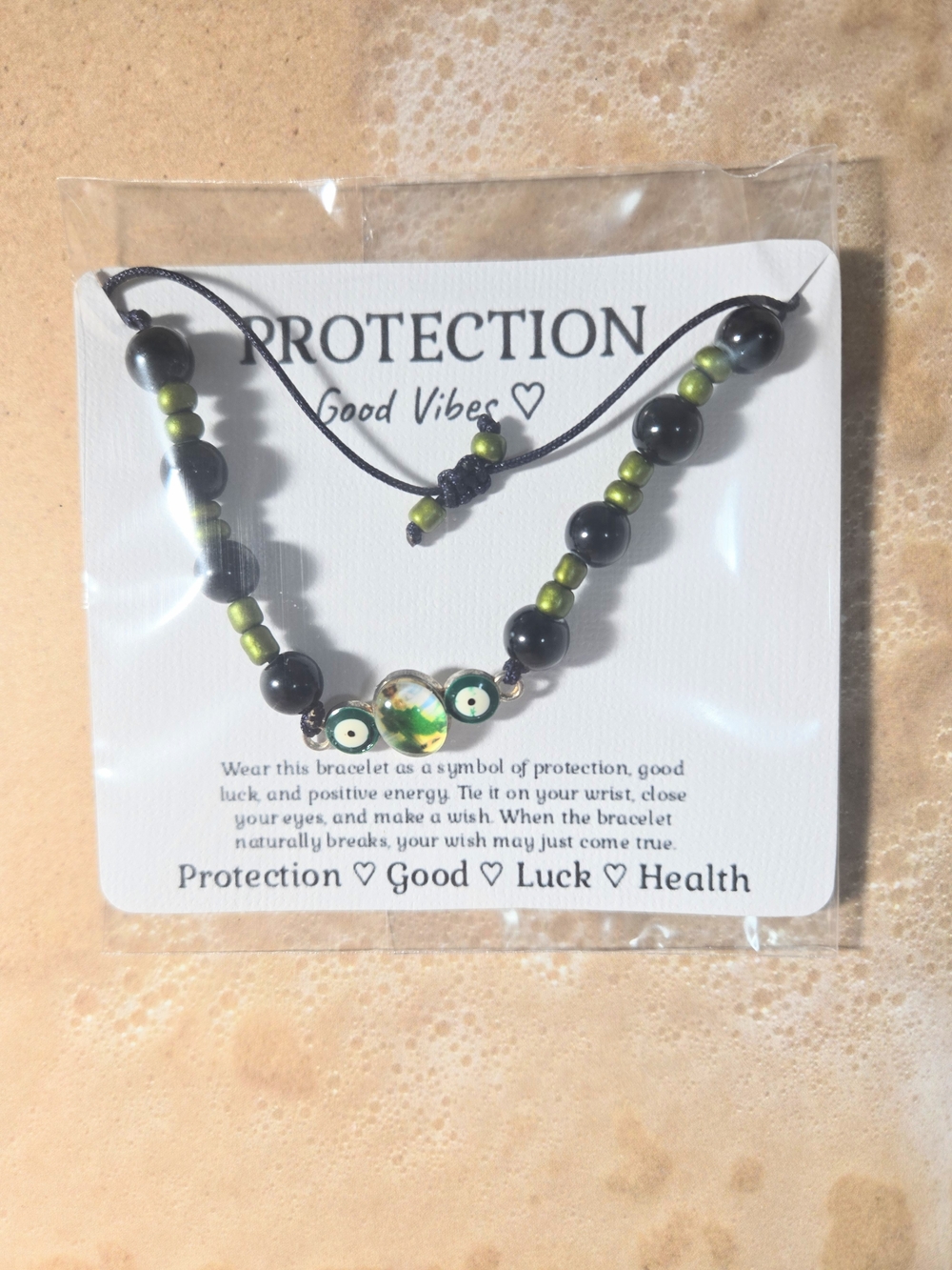 Good Vibes Protection Bracelet St. Jude with Green and Black Beads Evil Eye